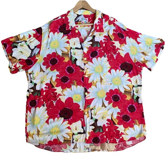 Vintage 90s Jams World All Over Print Daisy Floral Button Down Top Shirt Red XL - Picture 1 of 6